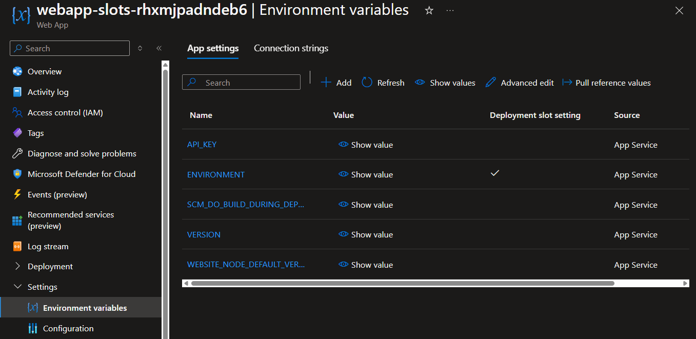 App settings in the Azure Portal