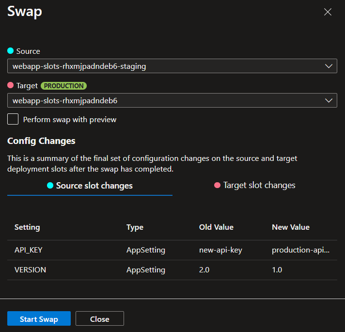 Swap preview showing settings behavior
