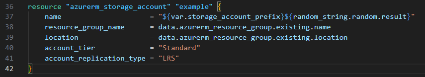 Storage account resource block