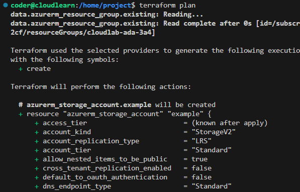 Terraform plan showing resources to create