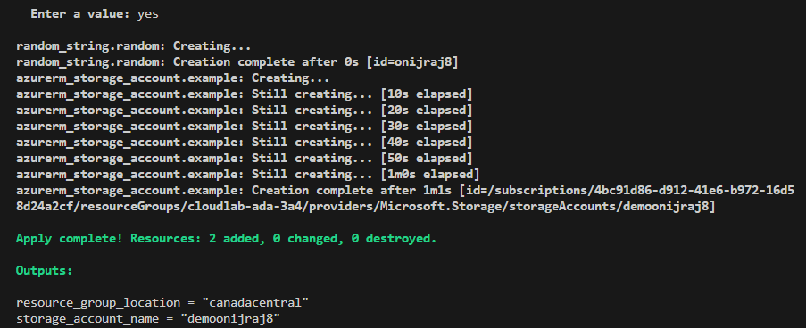 Terraform apply output showing successful deployment