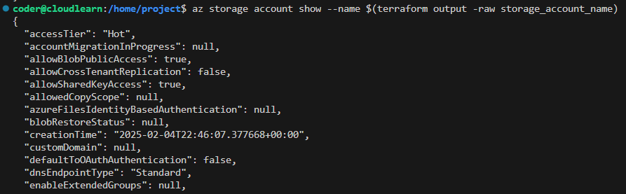 Azure CLI verifying the storage account